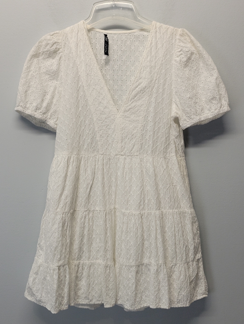 Zara white cotton eyelet tiered mini dress Puff sleeve size XS
